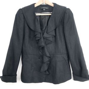 Anne Klein Bluish Black 100% Linen Ruffle Neck Lined Statement Blazer Jacket